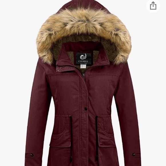 NEW Cherfly Hooded Maroon Red Utility Parka Military Faux Fur Coat Size XL NWT - Picture 1 of 12